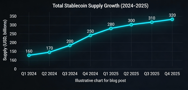 Total stablecoin supply growth from 2024 to 2025