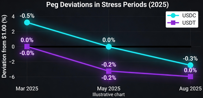 USDC and USDT peg deviations during 2025 stress periods