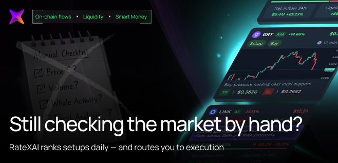 RateXAI banner: “Still checking the market by hand?” — on-chain flows, liquidity and smart money, with a trading chart preview